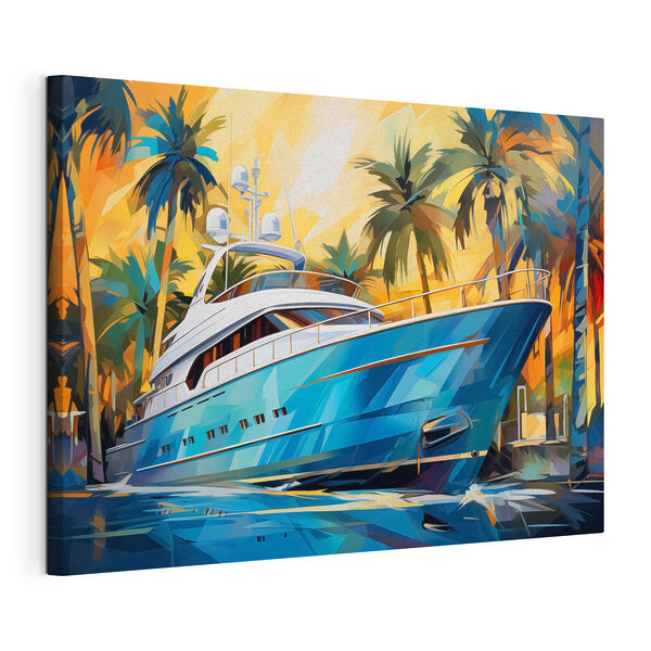 Un barco azul en el agua con palmeras Cuadros Un barco azul en el agua con palmeras