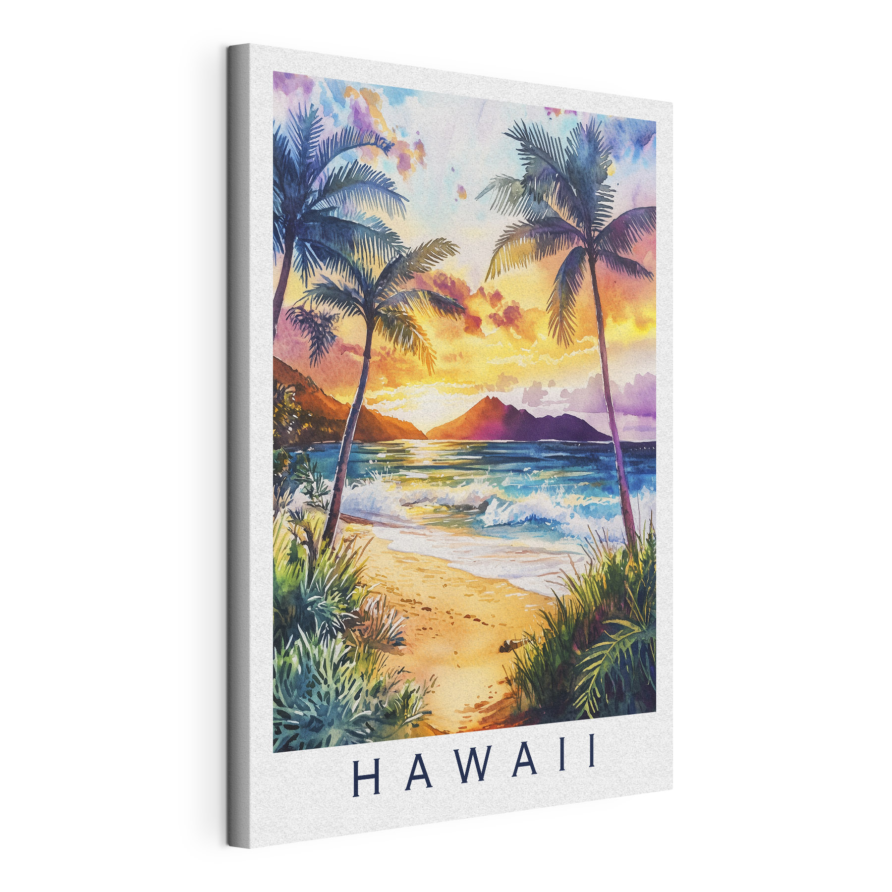 Watercolor painting of a beach with palm trees and waves