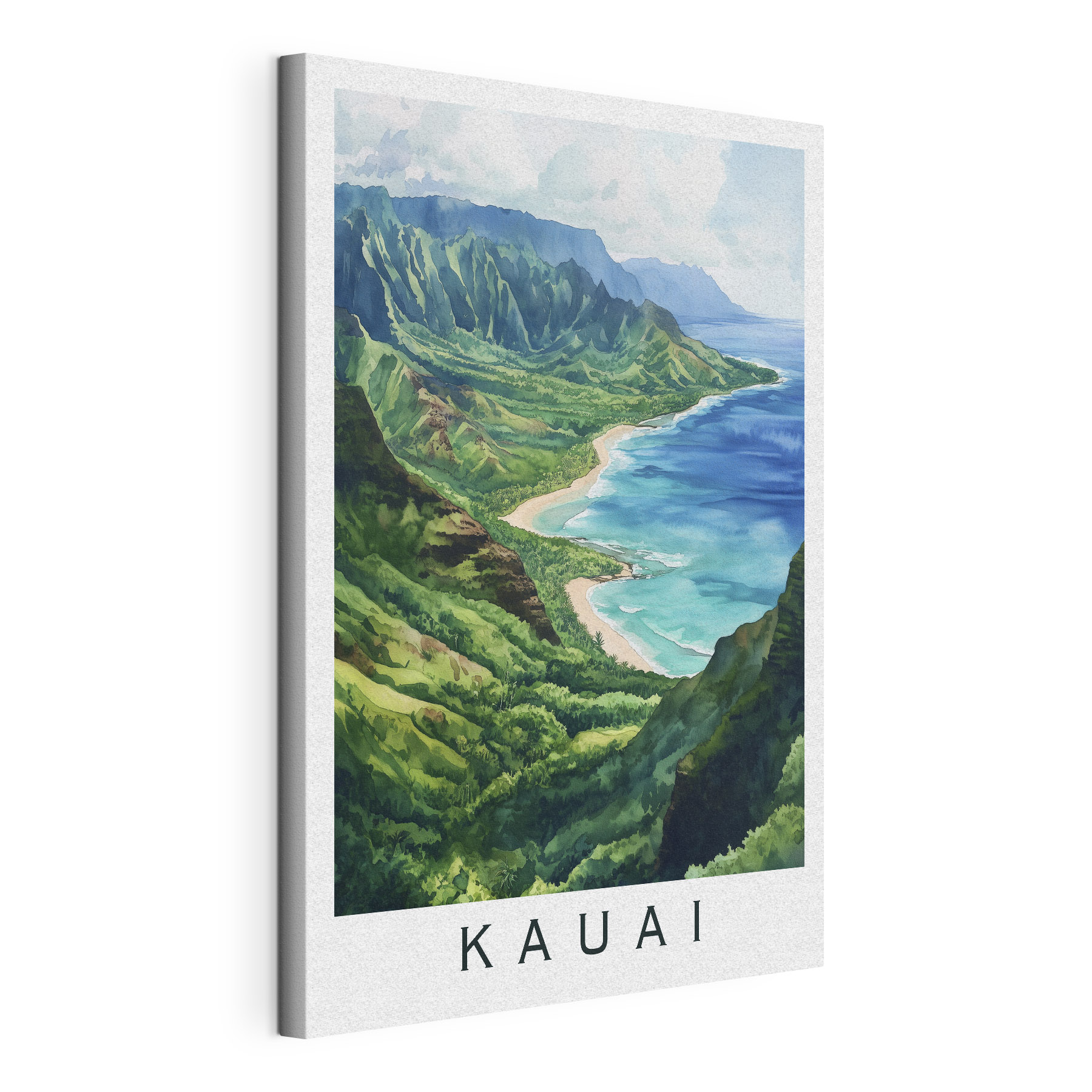 Watercolor painting of a beach and mountains