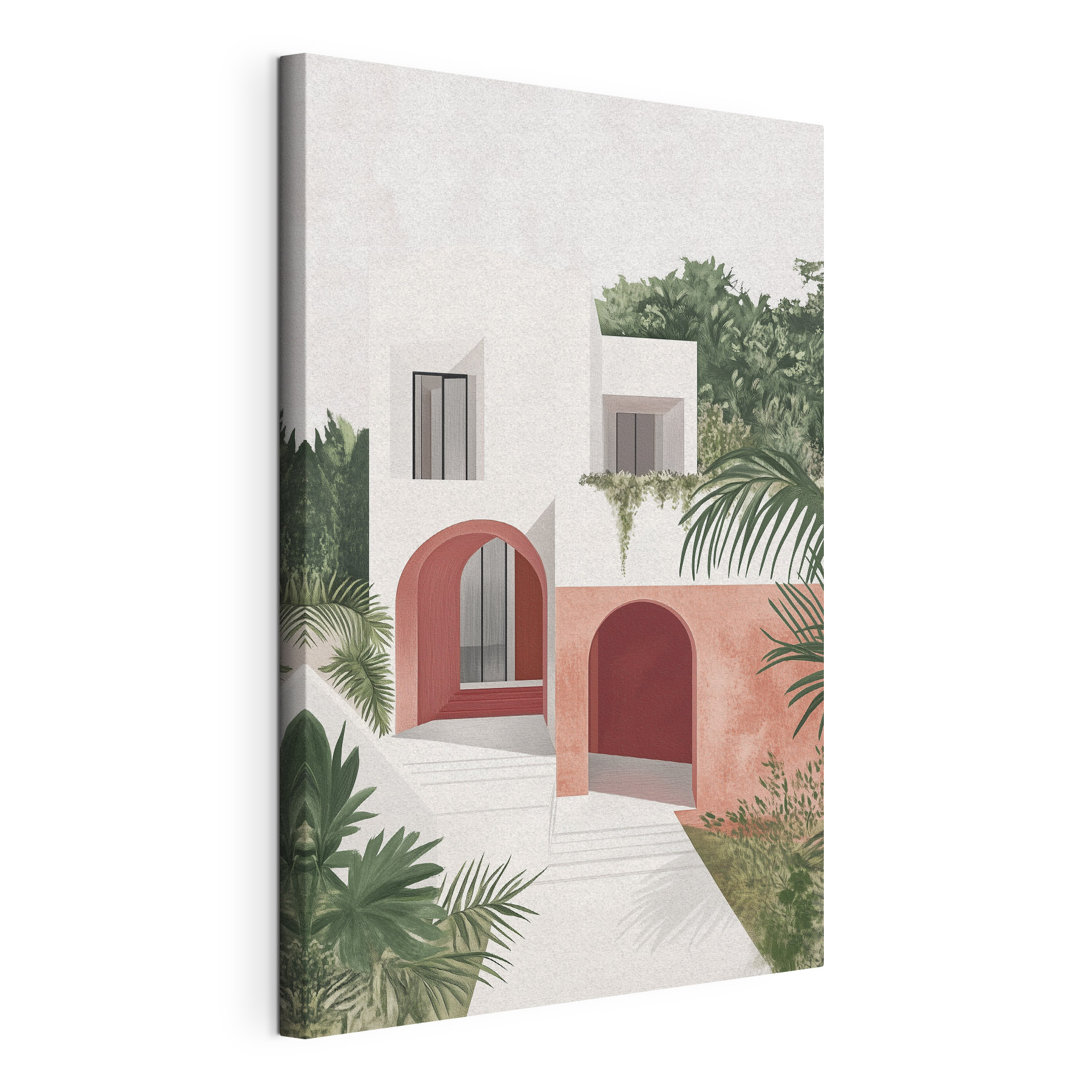 White and pink house with trees