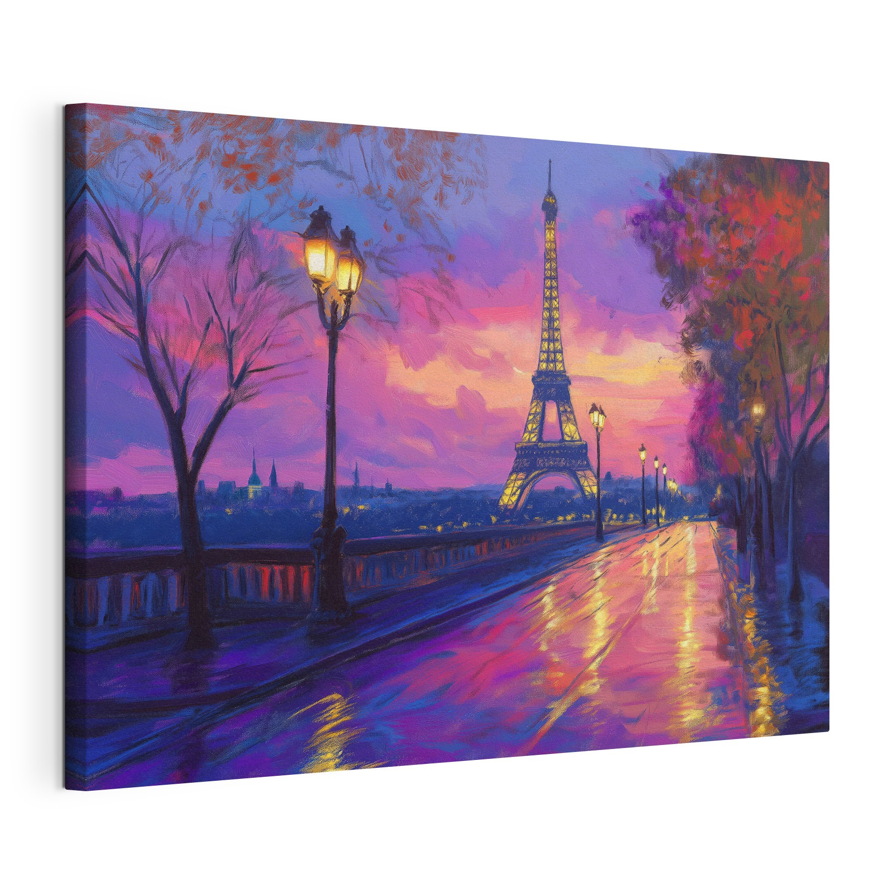Street with a lit up tower in the distance