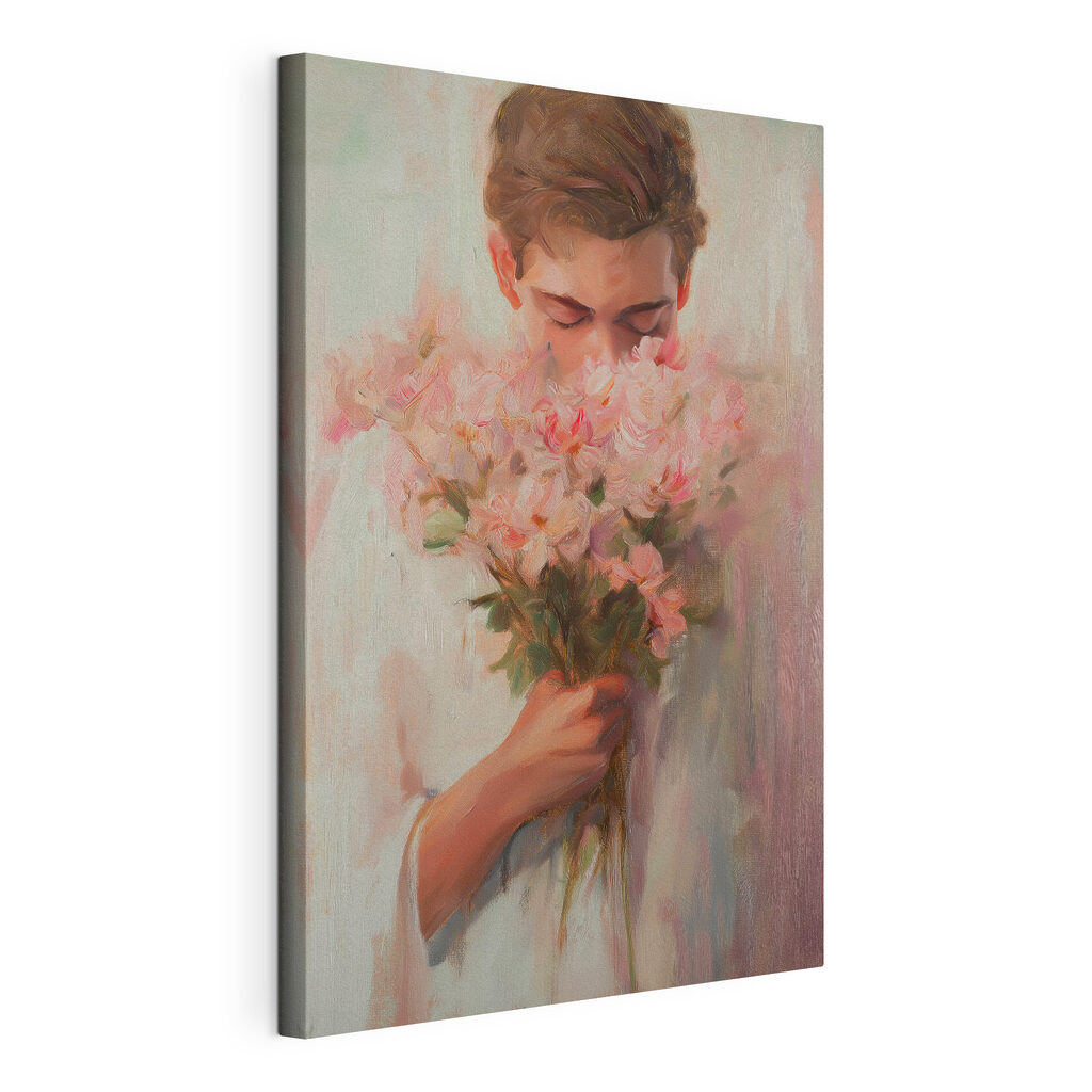 Painting of a man smelling flowers Painting of a man smelling flowers