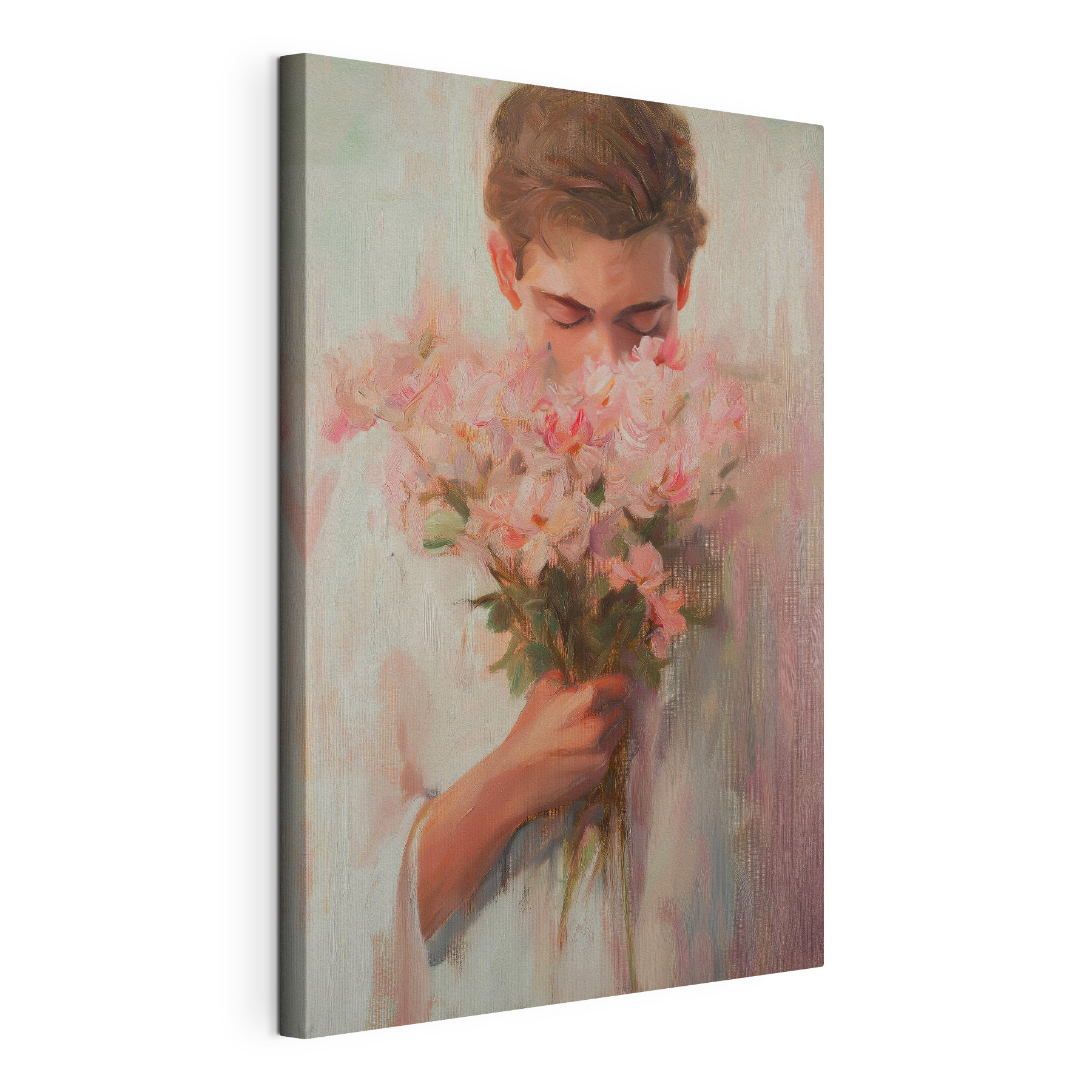 Painting of a man smelling flowers Painting of a man smelling flowers