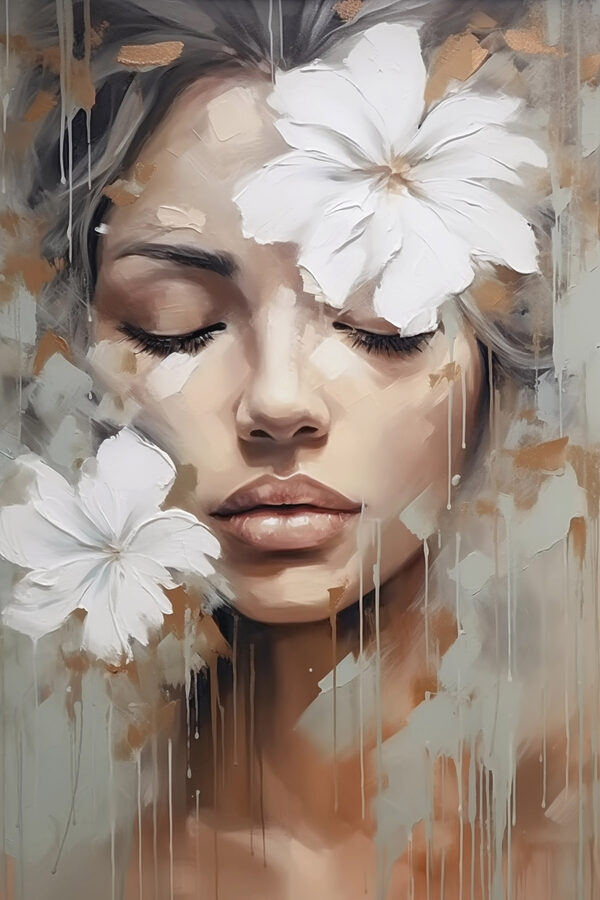 Painting of a woman with white flowers on her head