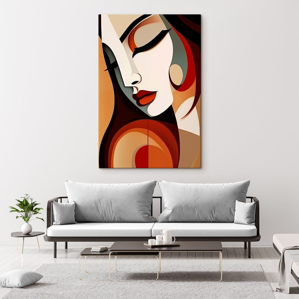 Woman's face with red lips and black hair