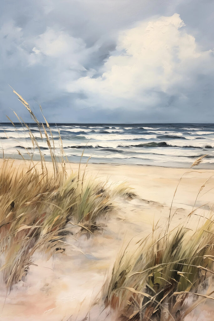 Beach with grass and waves