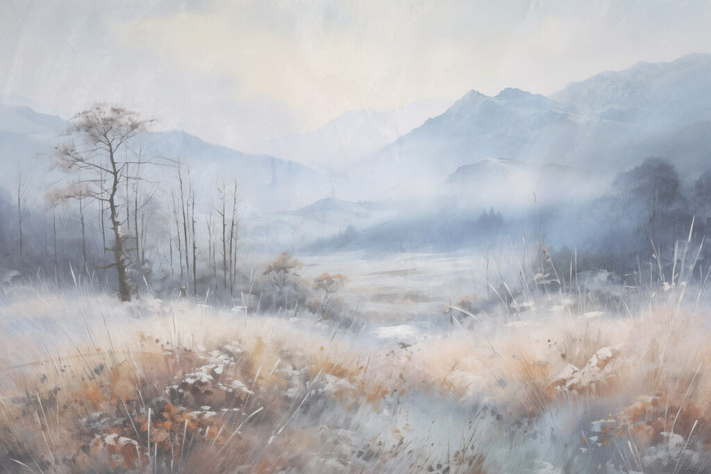Landscape with a snowy field and mountains