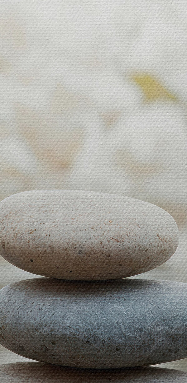 Stack of rocks in water with flowers in the background