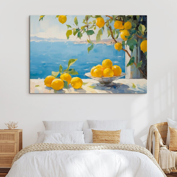 Cuadros Un cuenco con limones sobre una mesa junto a un árbol