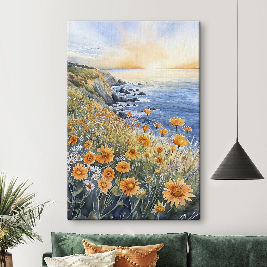 Painting of flowers on a cliff by the ocean