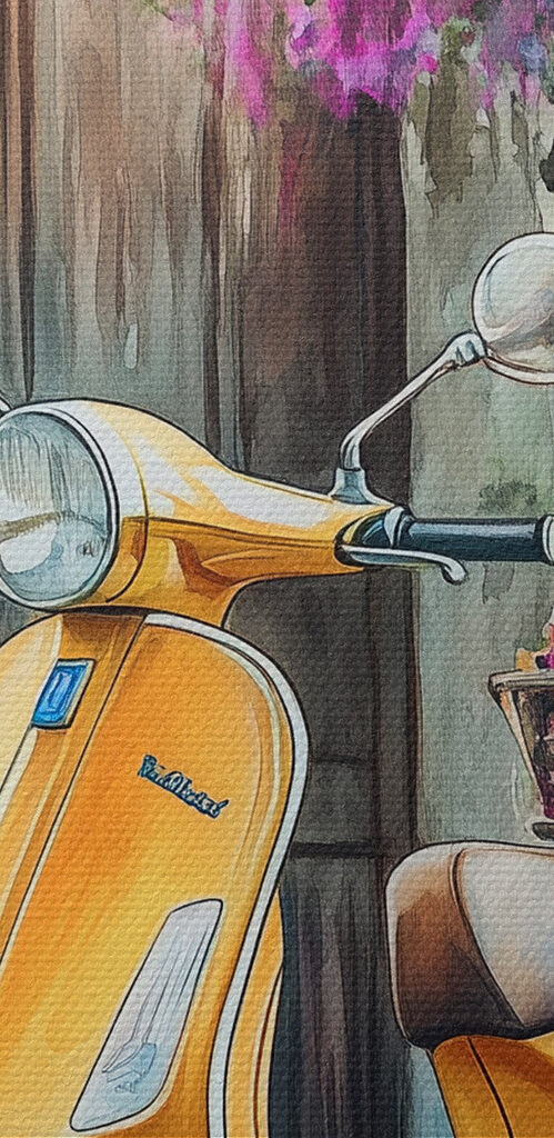 Yellow scooter with basket of flowers on the back