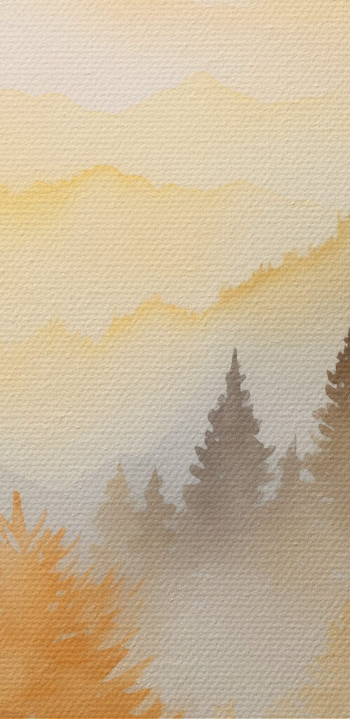 Painting of trees and mountains