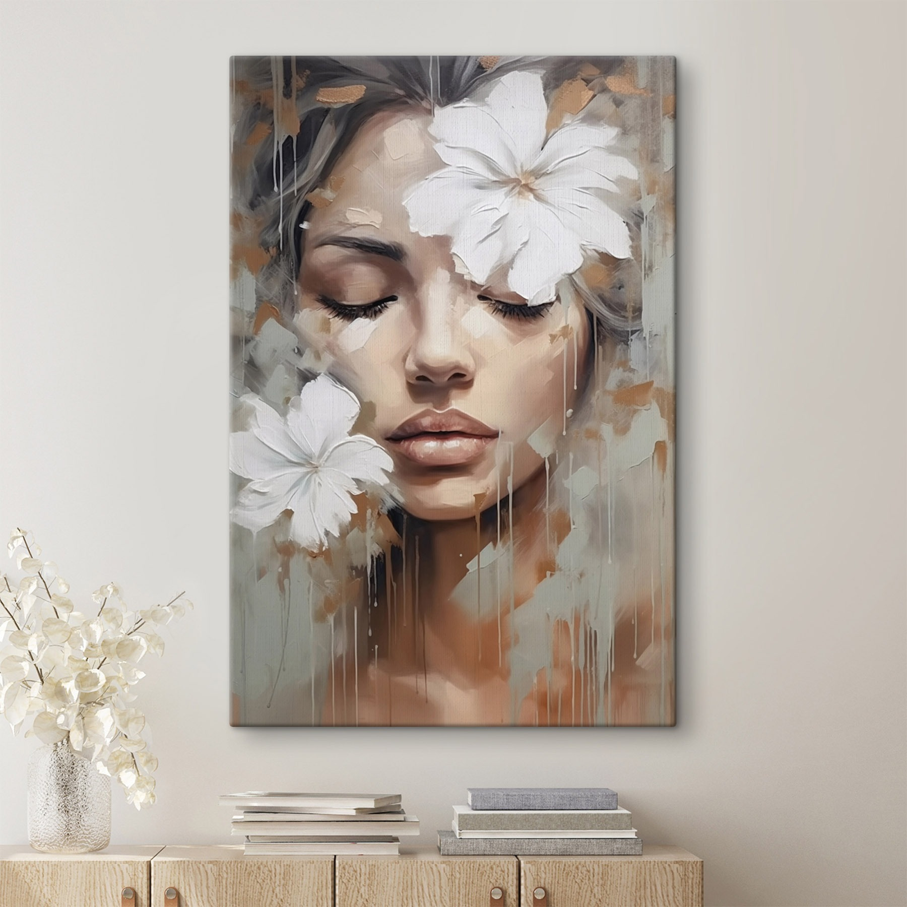 Painting of a woman with white flowers on her head