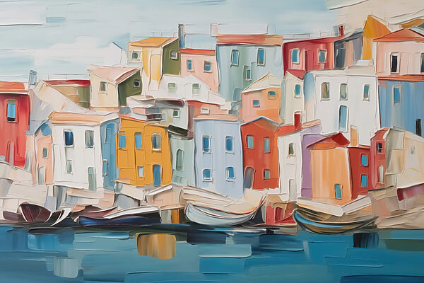 Painting of a city with boats on the water