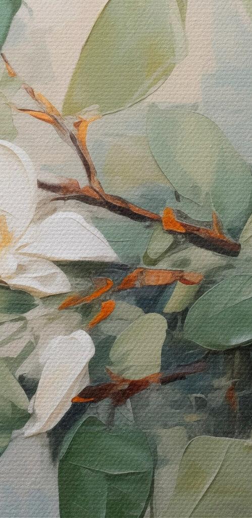 Painting of white flowers and green leaves