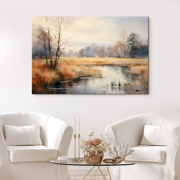 Watercolor painting of a marsh with trees and grass