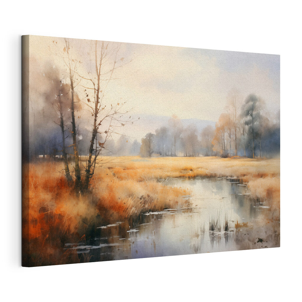 Watercolor painting of a marsh with trees and grass