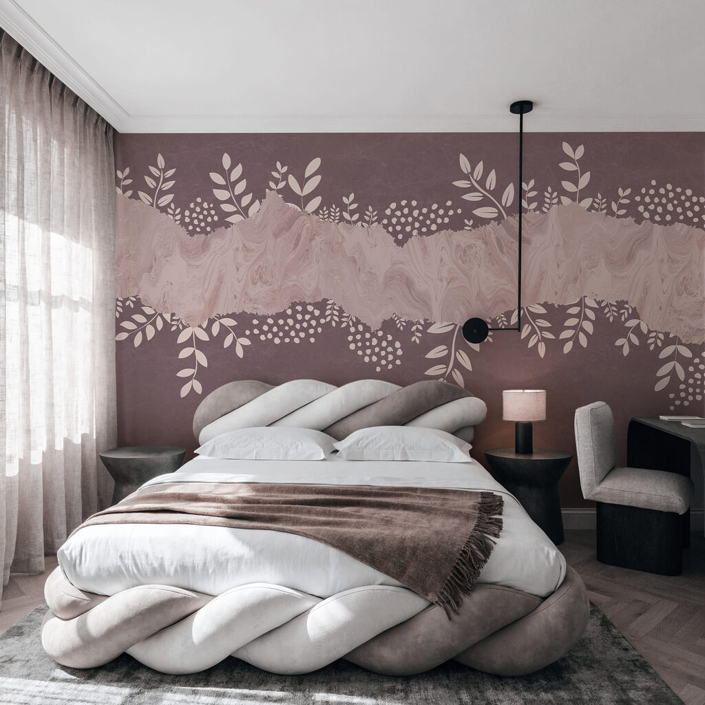 Fondo morado y blanco con hojas y flores