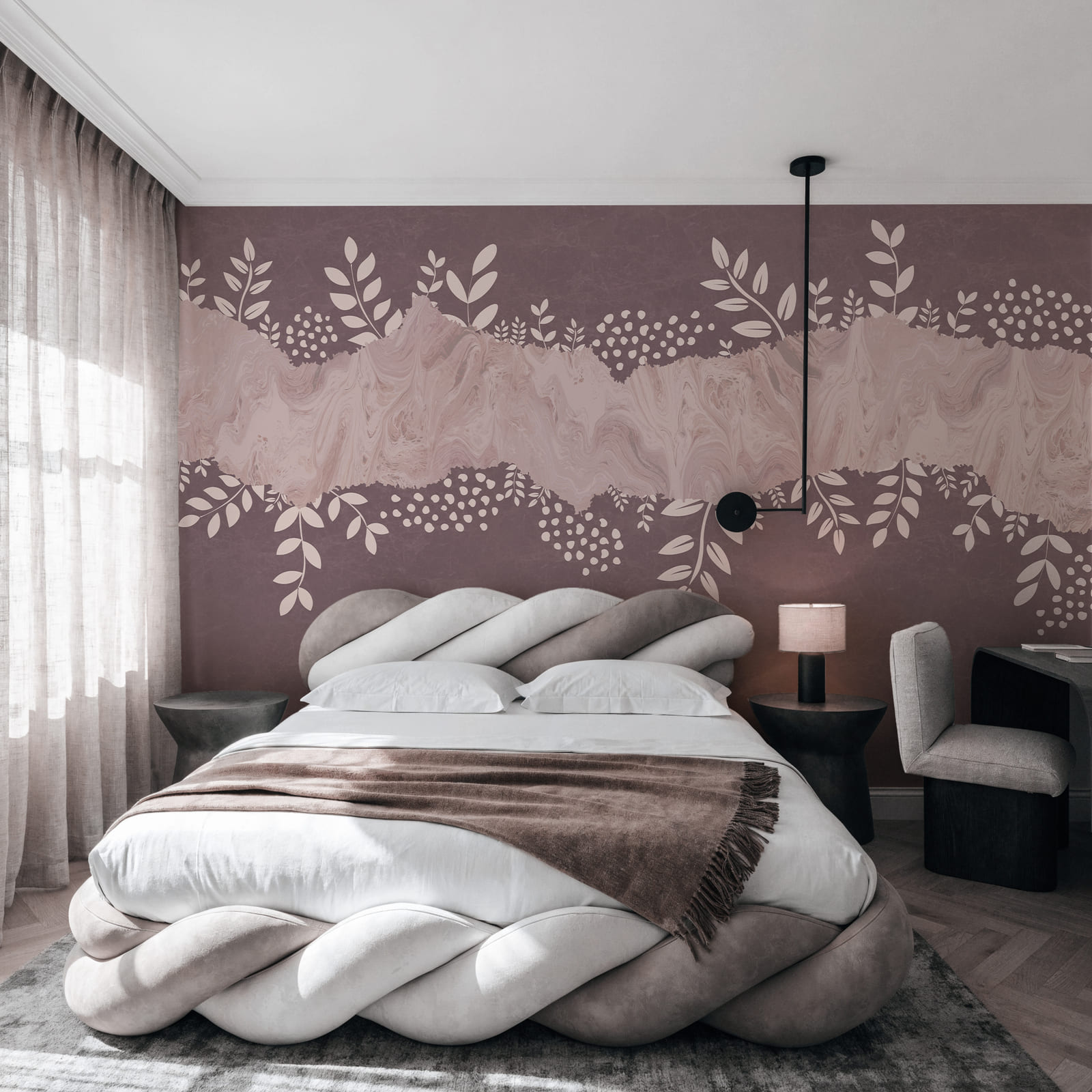 Fondo morado y blanco con hojas y flores