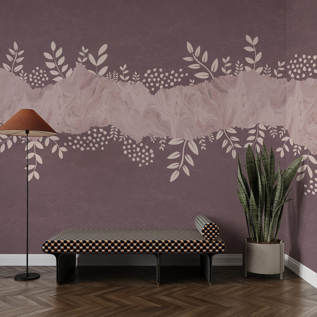 Fondo morado y blanco con hojas y flores