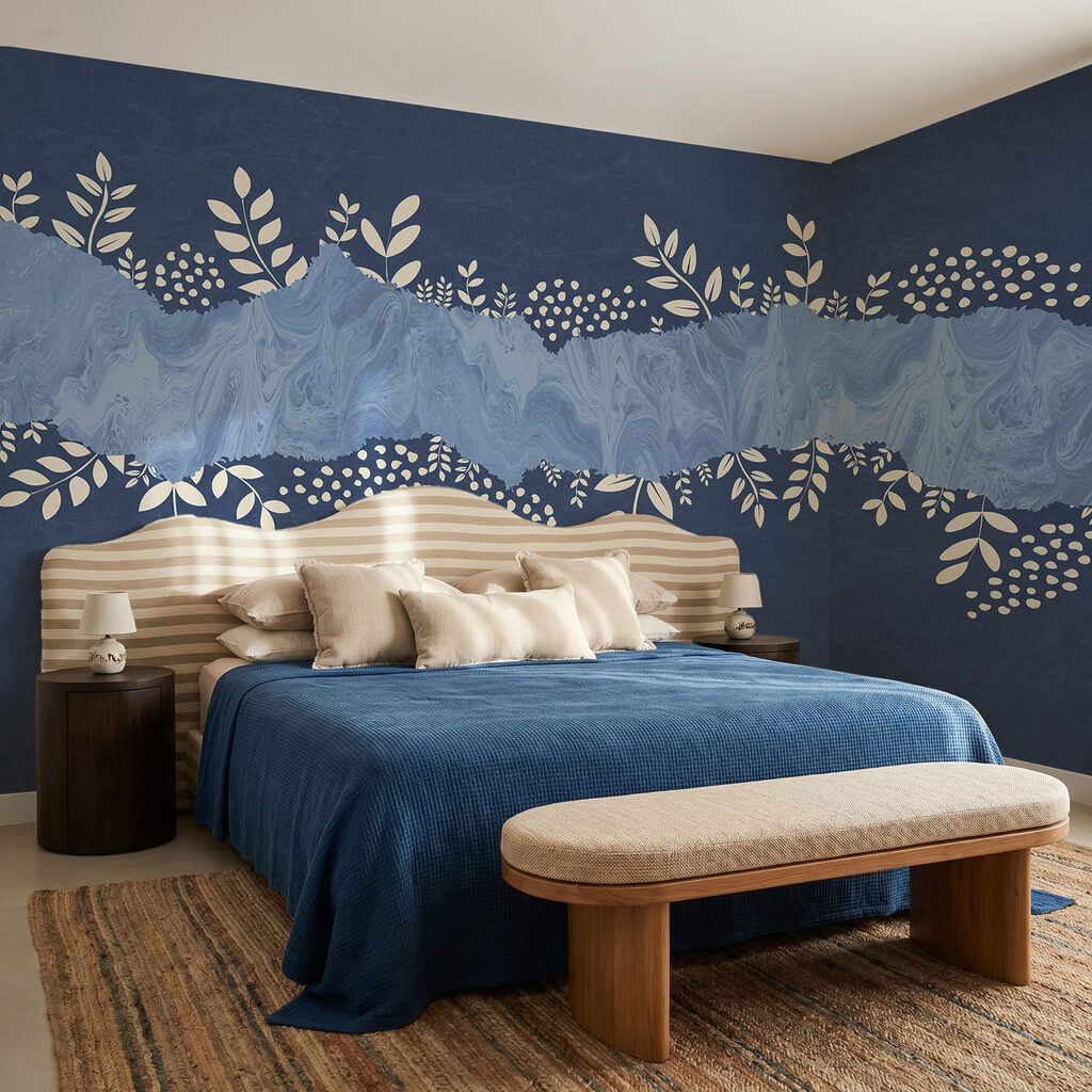 Fondo azul y blanco con hojas blancas y puntos
