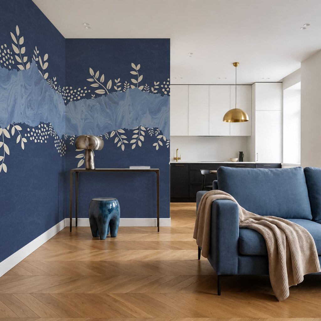 Fondo azul y blanco con hojas blancas y puntos