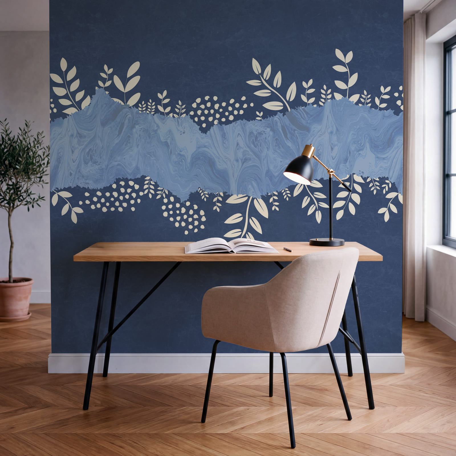 Fondo azul y blanco con hojas blancas y puntos