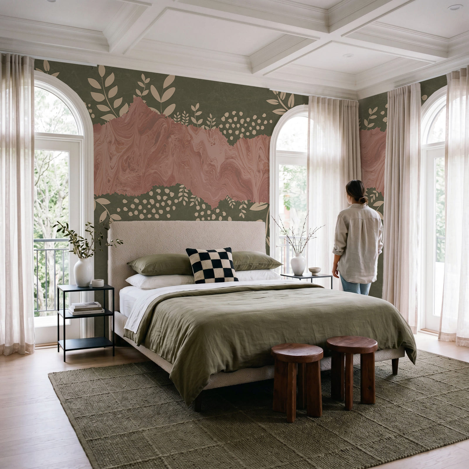 Fondo rosa y verde con hojas y flores