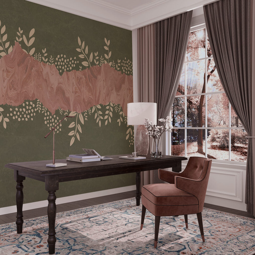 Fondo rosa y verde con hojas y flores