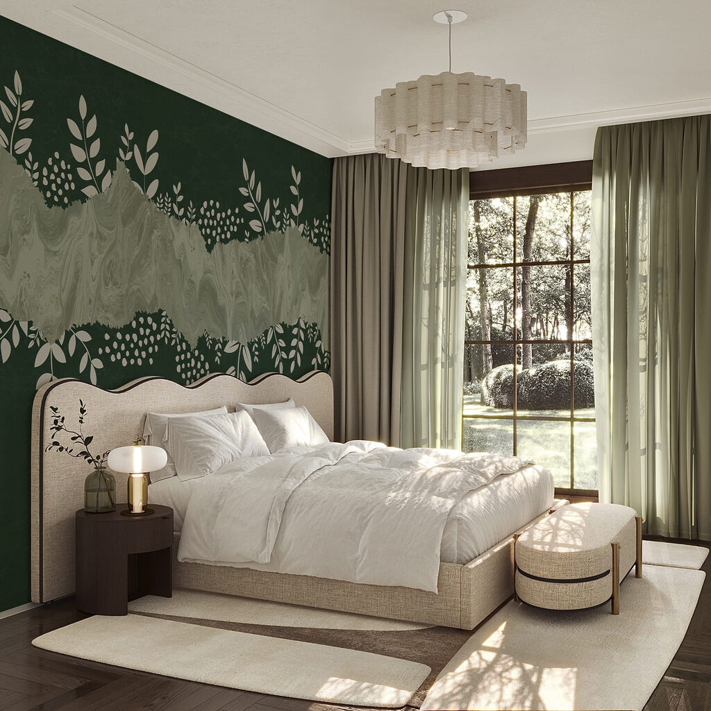 Fondo verde y blanco con hojas y flores blancas