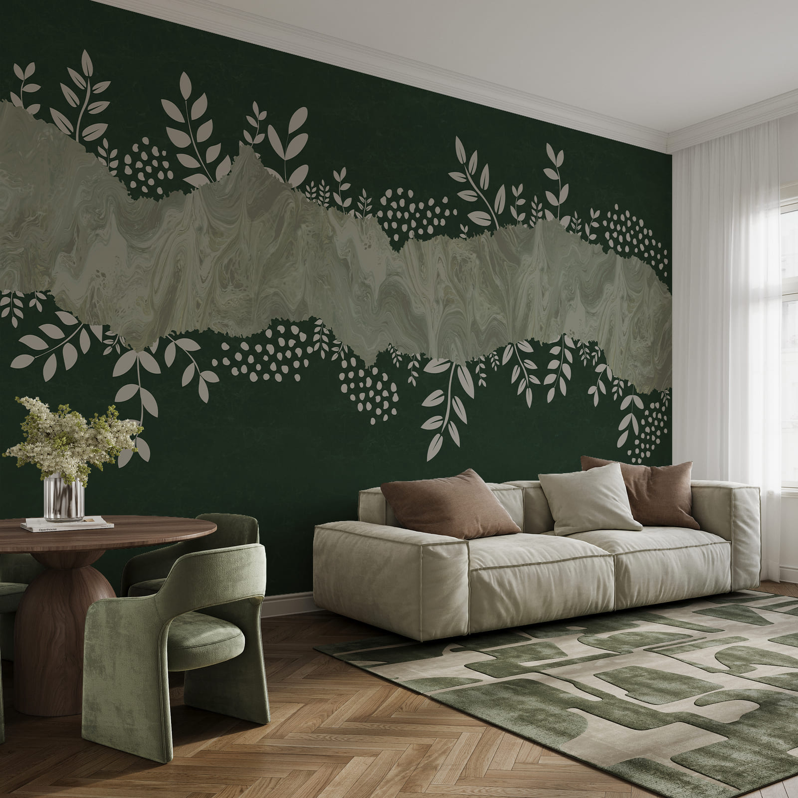 Fondo verde y blanco con hojas y flores blancas