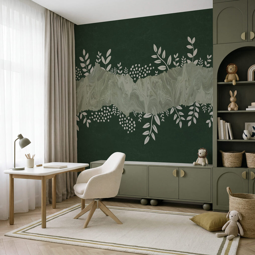 Fondo verde y blanco con hojas y flores blancas