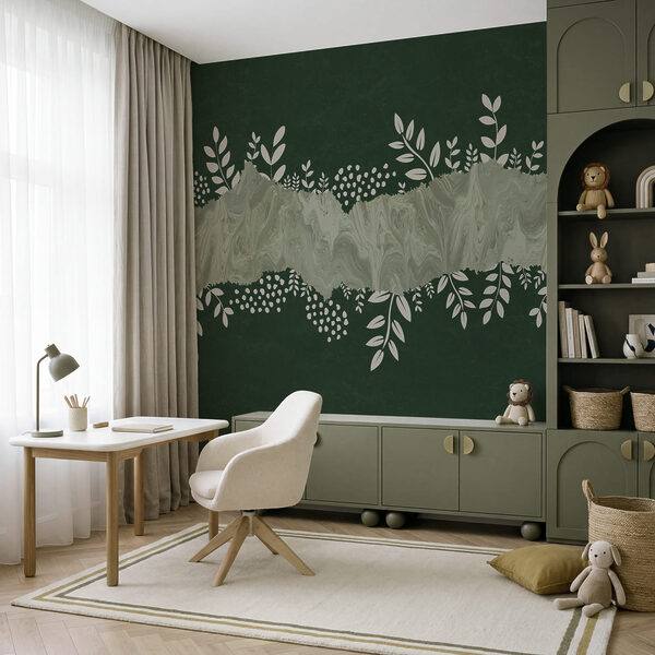 Fondo verde y blanco con hojas y flores blancas