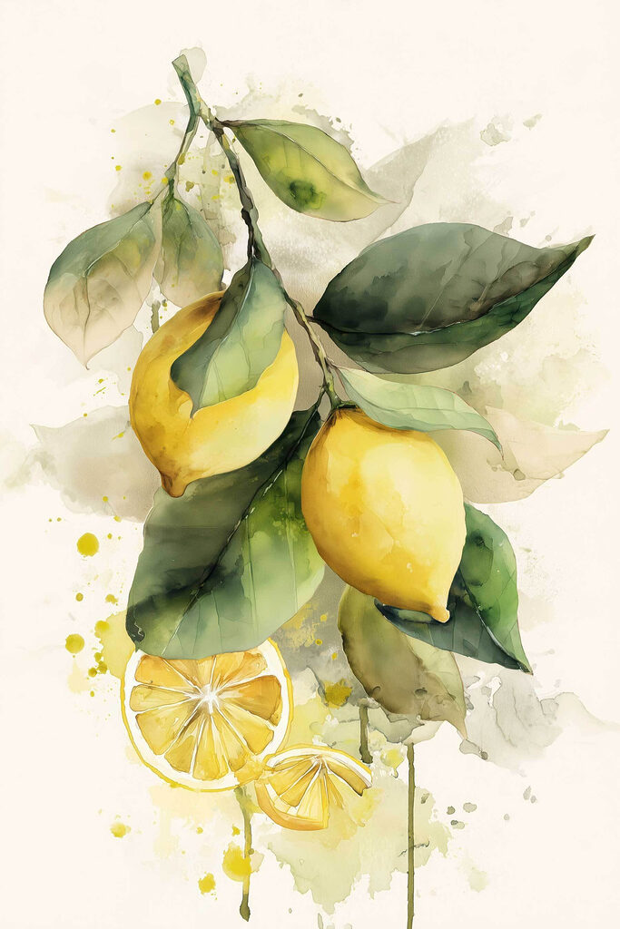 Watercolor of lemons on a branch