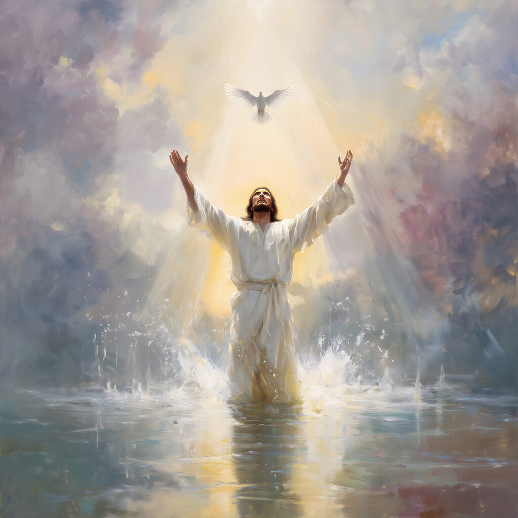 Man in white robe standing in water with arms outstretched