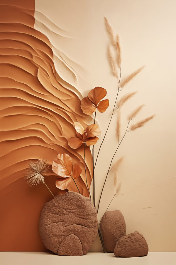 Brown and white wall with brown and white waves and flowers