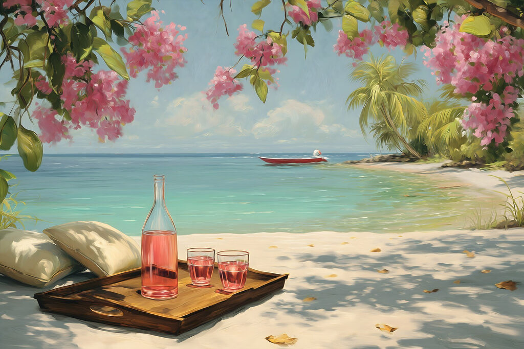 Tray with glasses and a bottle of liquid on a beach