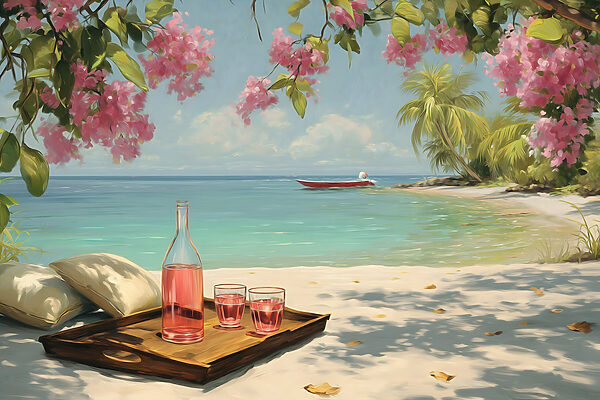 Tray with glasses and a bottle of liquid on a beach