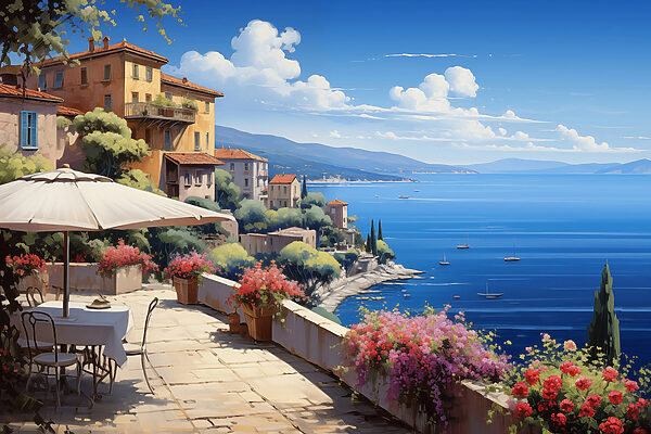 View of a town and the ocean from a balcony