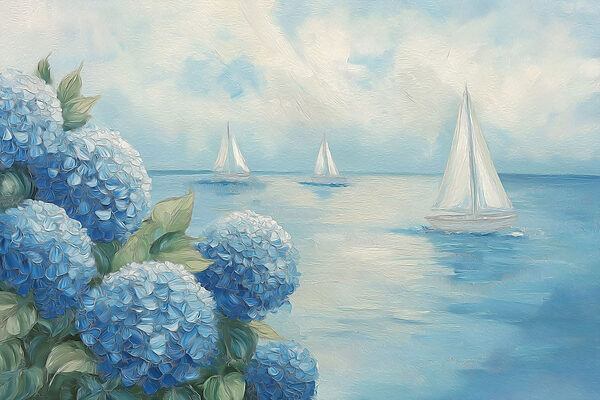 Painting of flowers and sailboats in the water