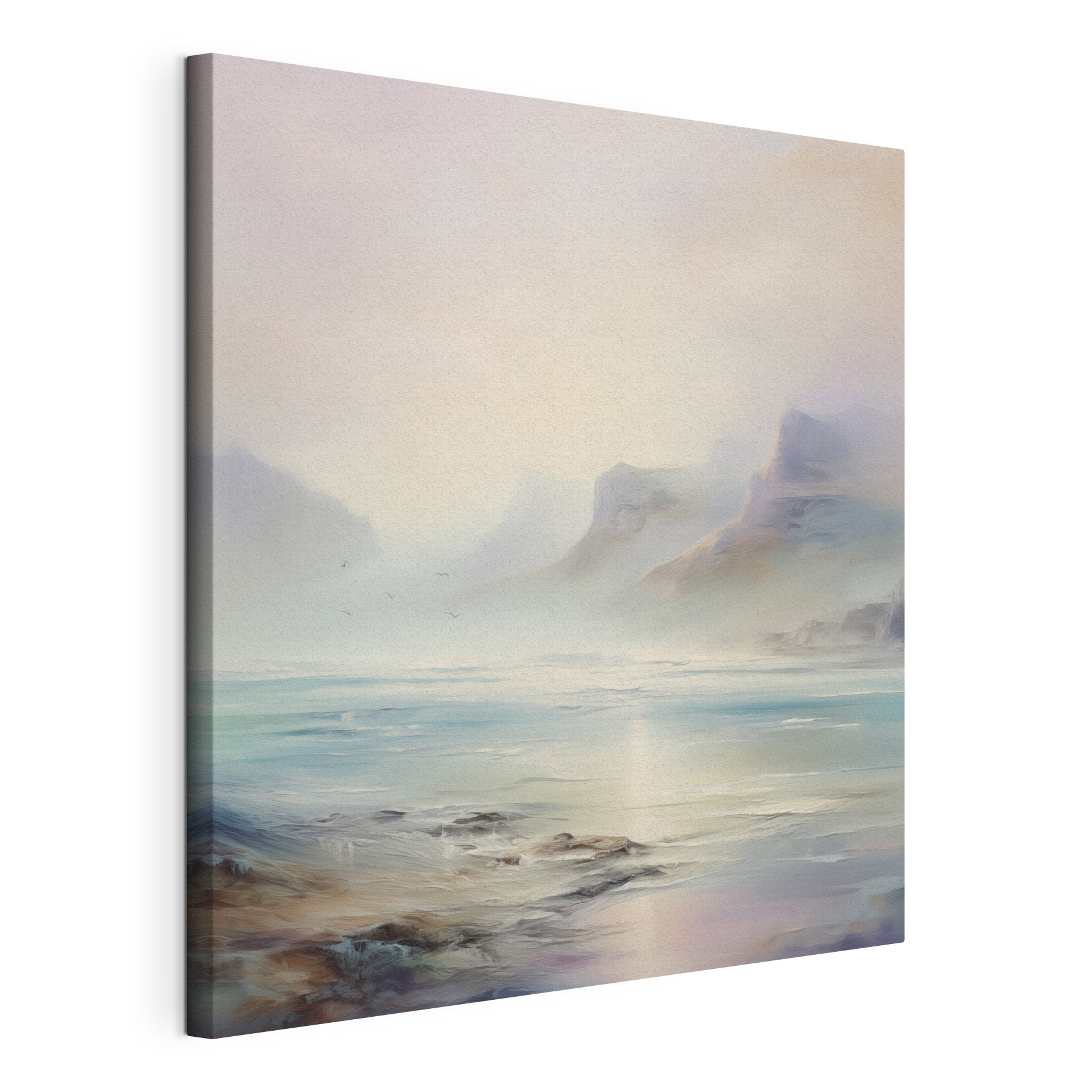 Painting of a landscape with mountains and water Painting of a landscape with mountains and water