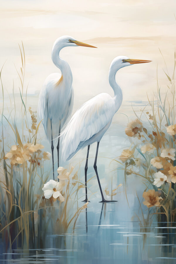 Painting of birds standing in water Painting of birds standing in water
