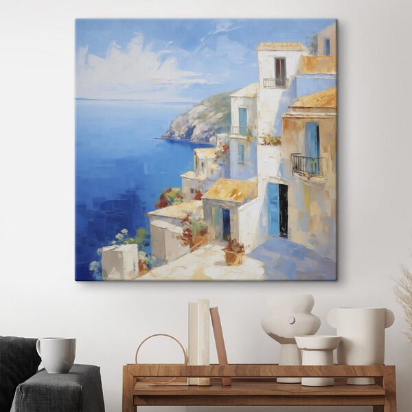 Cuadros Cuadros Cuadro en el que se ve un edificio blanco con un cielo azul y agua (SKU: s49590)
