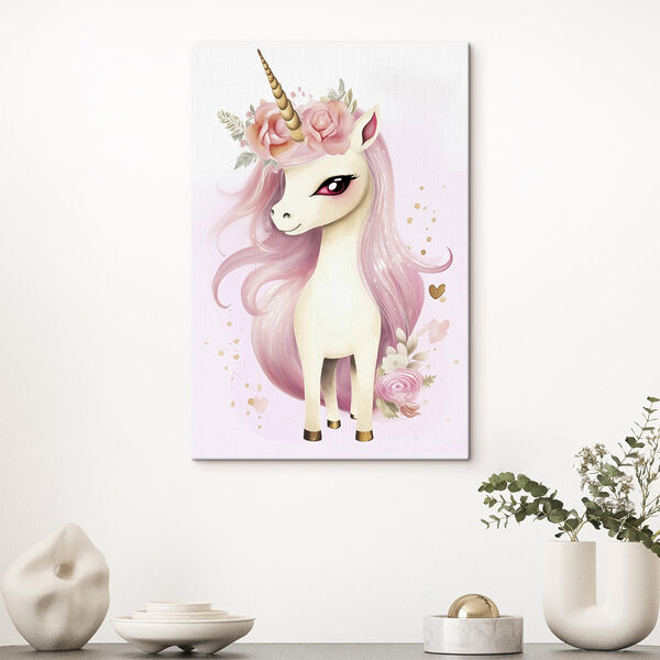 Cuadros Unicornio con pelo rosa y flores