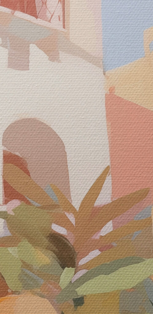 Oranges growing on a tree with buildings in the background Oranges growing on a tree with buildings in the background