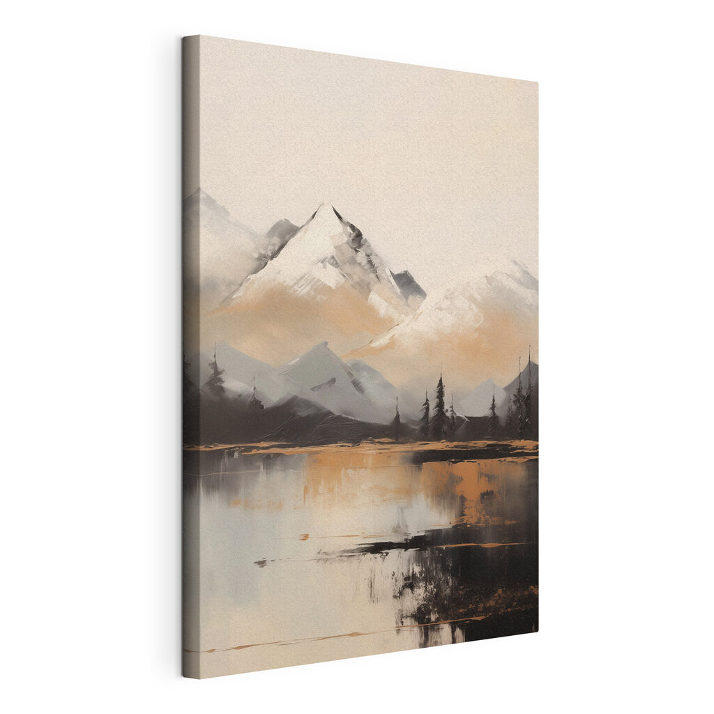 Painting of a mountain range and a lake