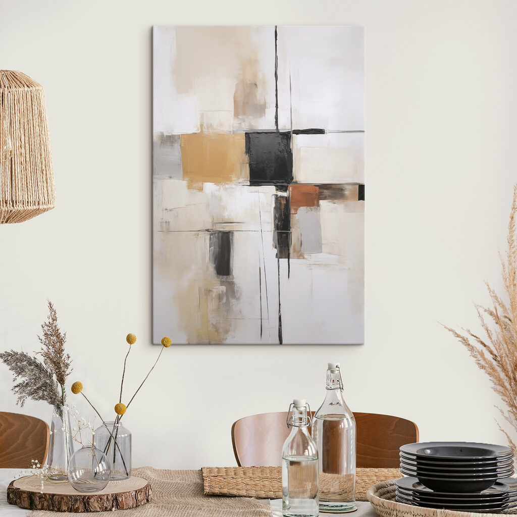 Painting of a white wall with black squares and brown squares