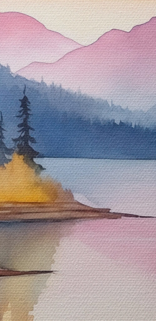 Watercolor painting of a lake surrounded by trees and mountains