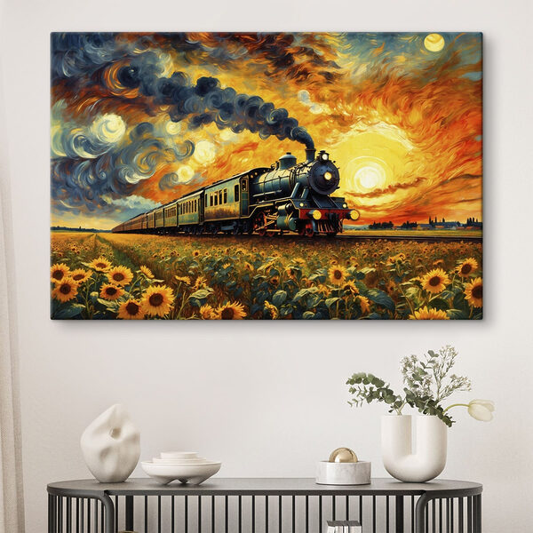 Cuadros Tren en las vías, con girasoles y humo saliendo de la locomotora (SKU: s47257) Cuadros Cuadros Tren en las vías, con girasoles y humo saliendo de la locomotora (SKU: s47257)