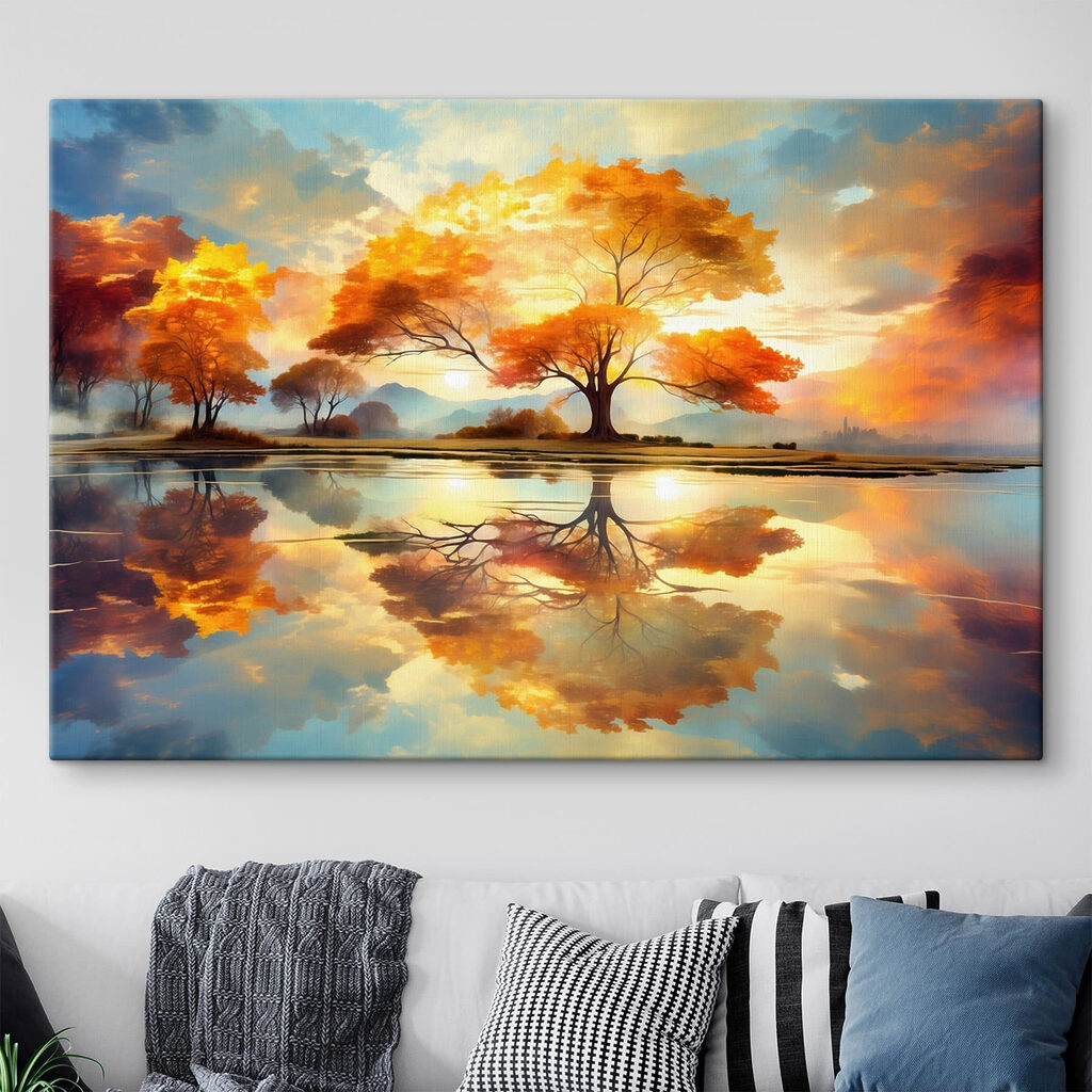 Tree with yellow leaves on the ground and a body of water